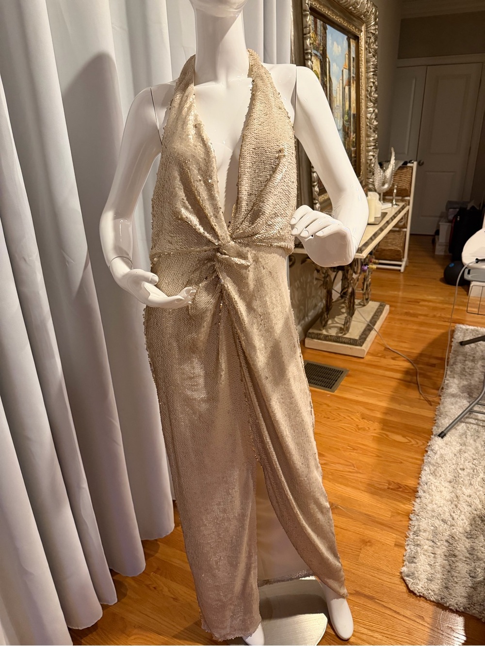 Little Mistress Champagne One-Shoulder Knot Front Maxi Dress